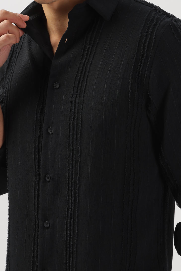 Black Textured Frayed Stripe Shirt