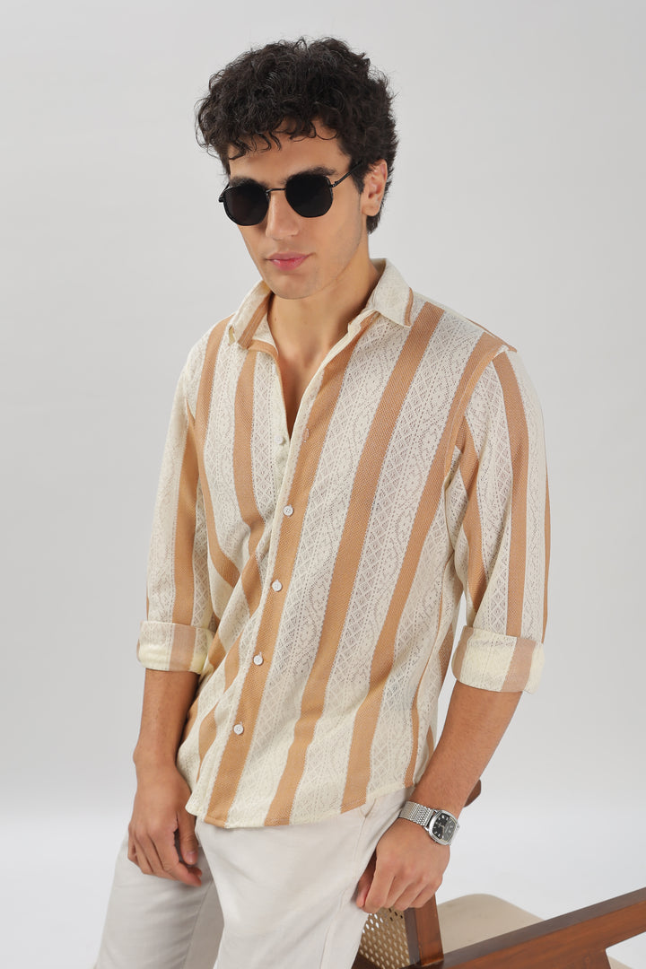 Beige & White Striped Crochet Lace Shirt