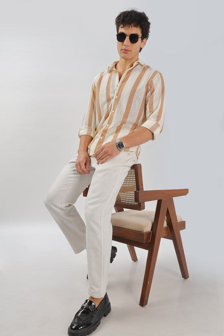 Beige & White Striped Crochet Lace Shirt