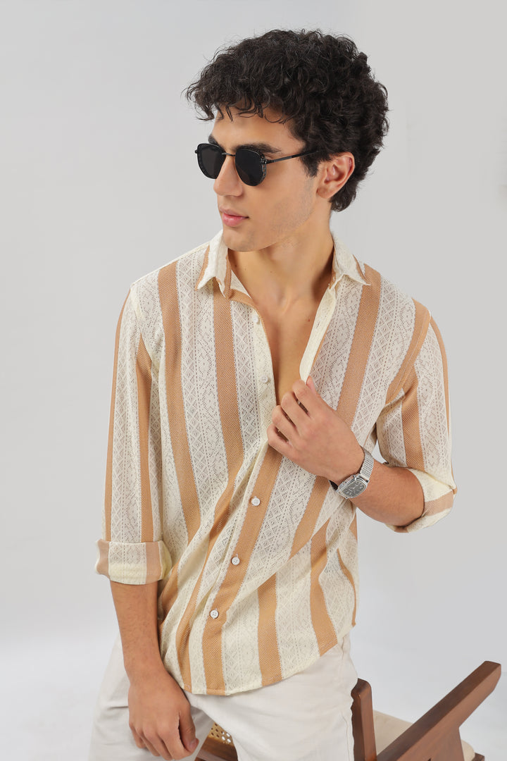 Beige & White Striped Crochet Lace Shirt