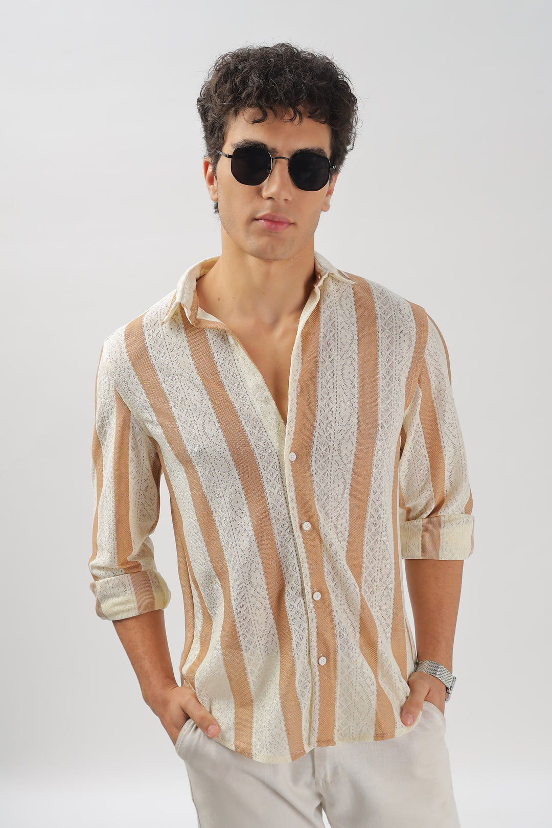 Beige & White Striped Crochet Lace Shirt