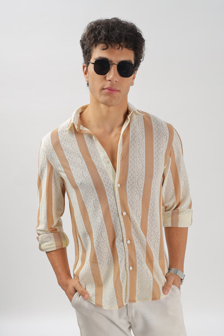 Beige & White Striped Crochet Lace Shirt