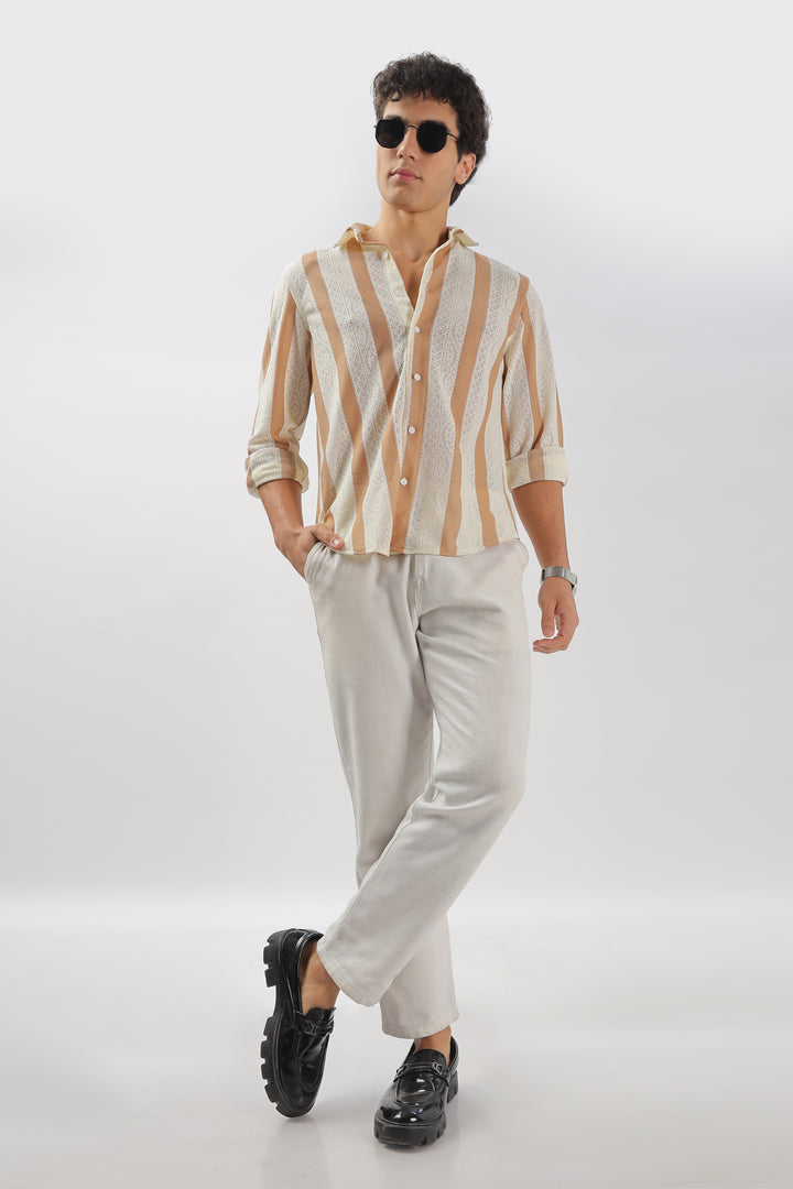 Beige & White Striped Crochet Lace Shirt