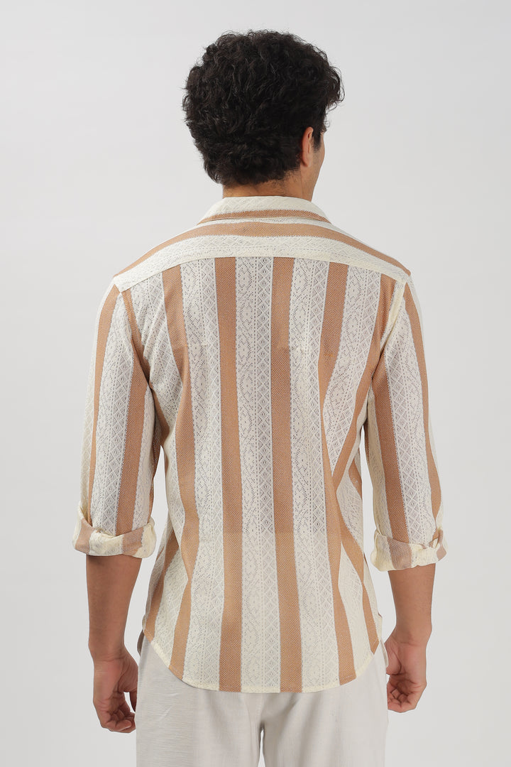 Beige & White Striped Crochet Lace Shirt