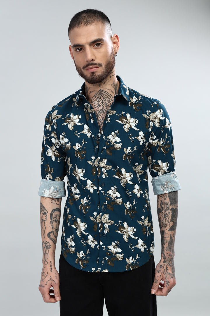Navy Floral Printed Textured Shirt