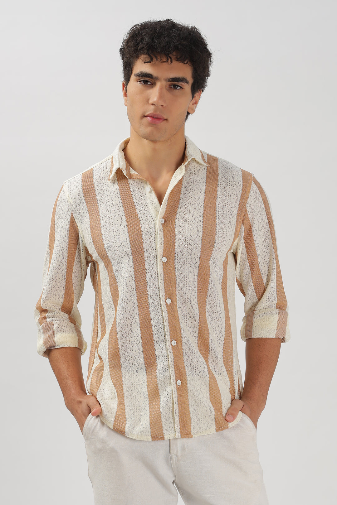 Beige & White Striped Crochet Lace Shirt