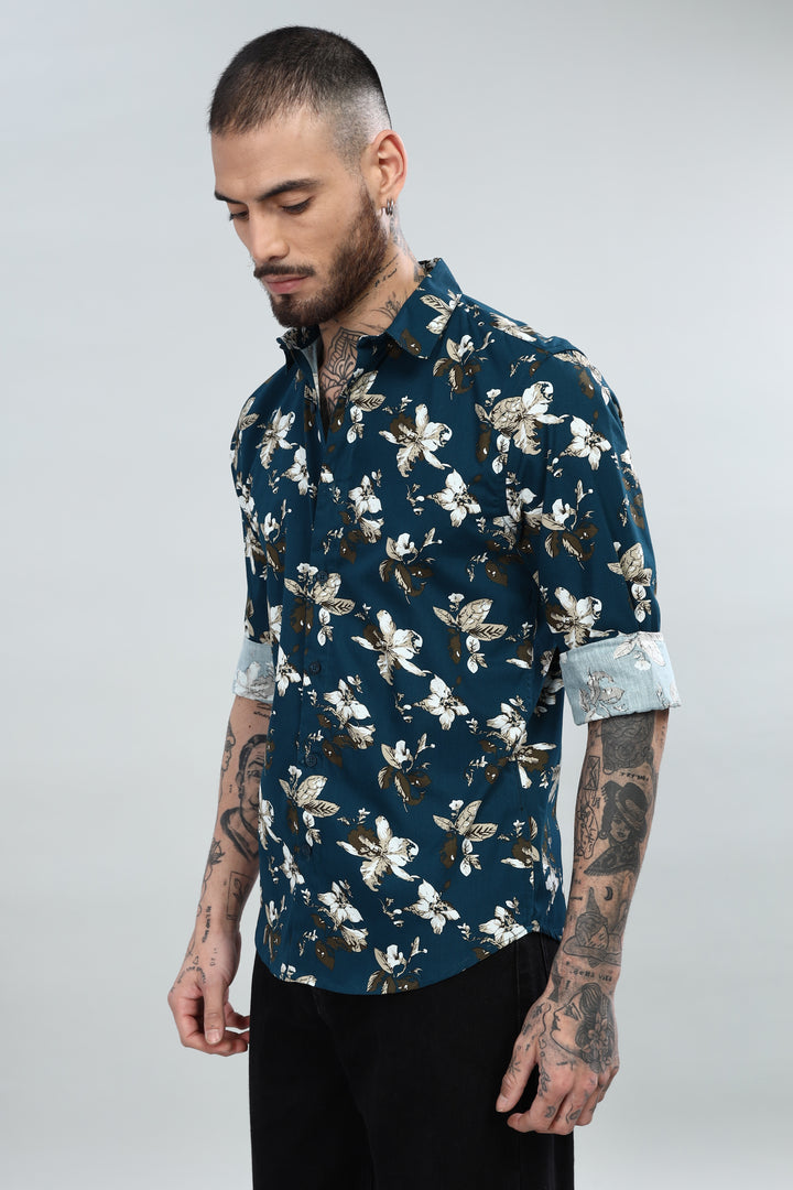 Navy Floral Printed Textured Shirt