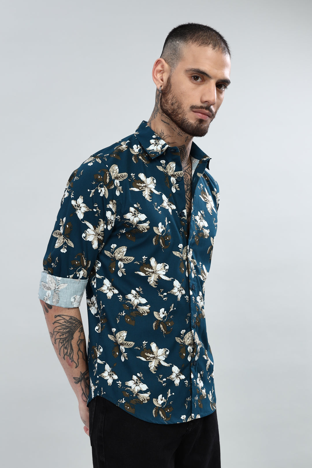 Navy Floral Printed Textured Shirt