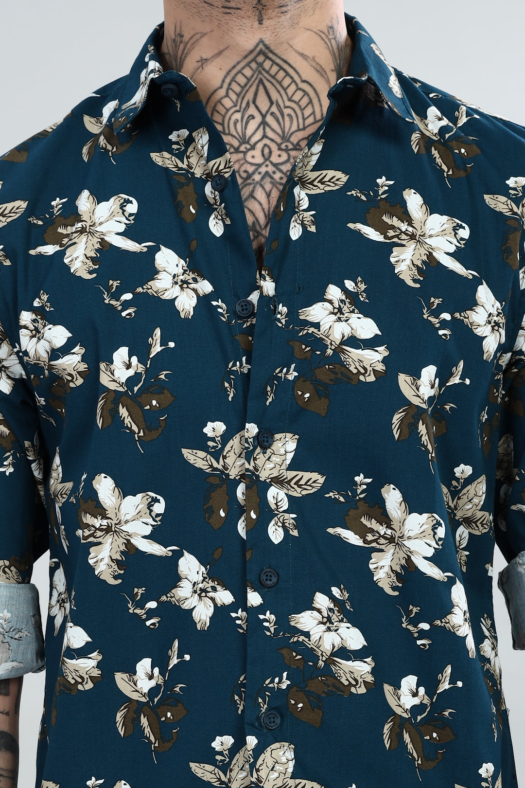 Navy Floral Printed Textured Shirt