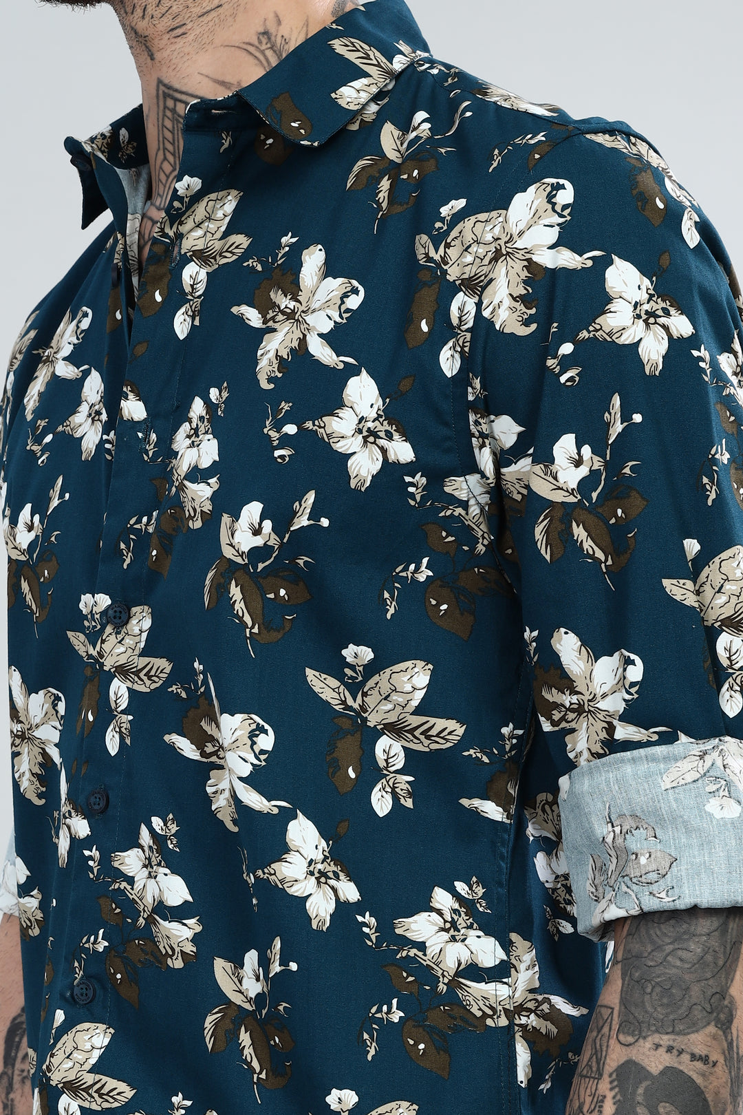 Navy Floral Printed Textured Shirt