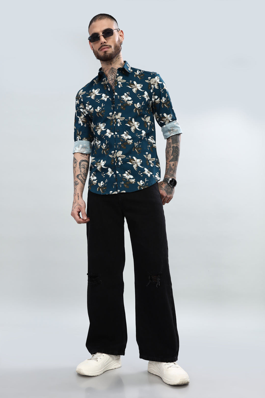 Navy Floral Printed Textured Shirt