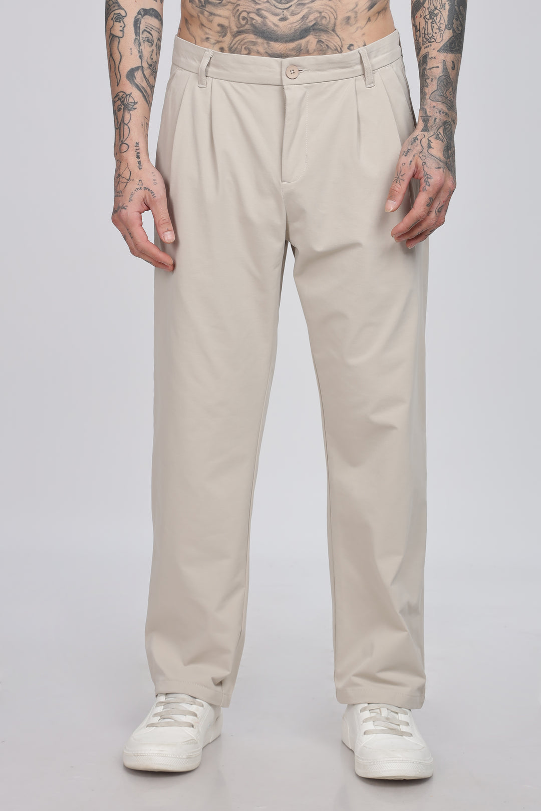 Beige Classic Pleated Trousers