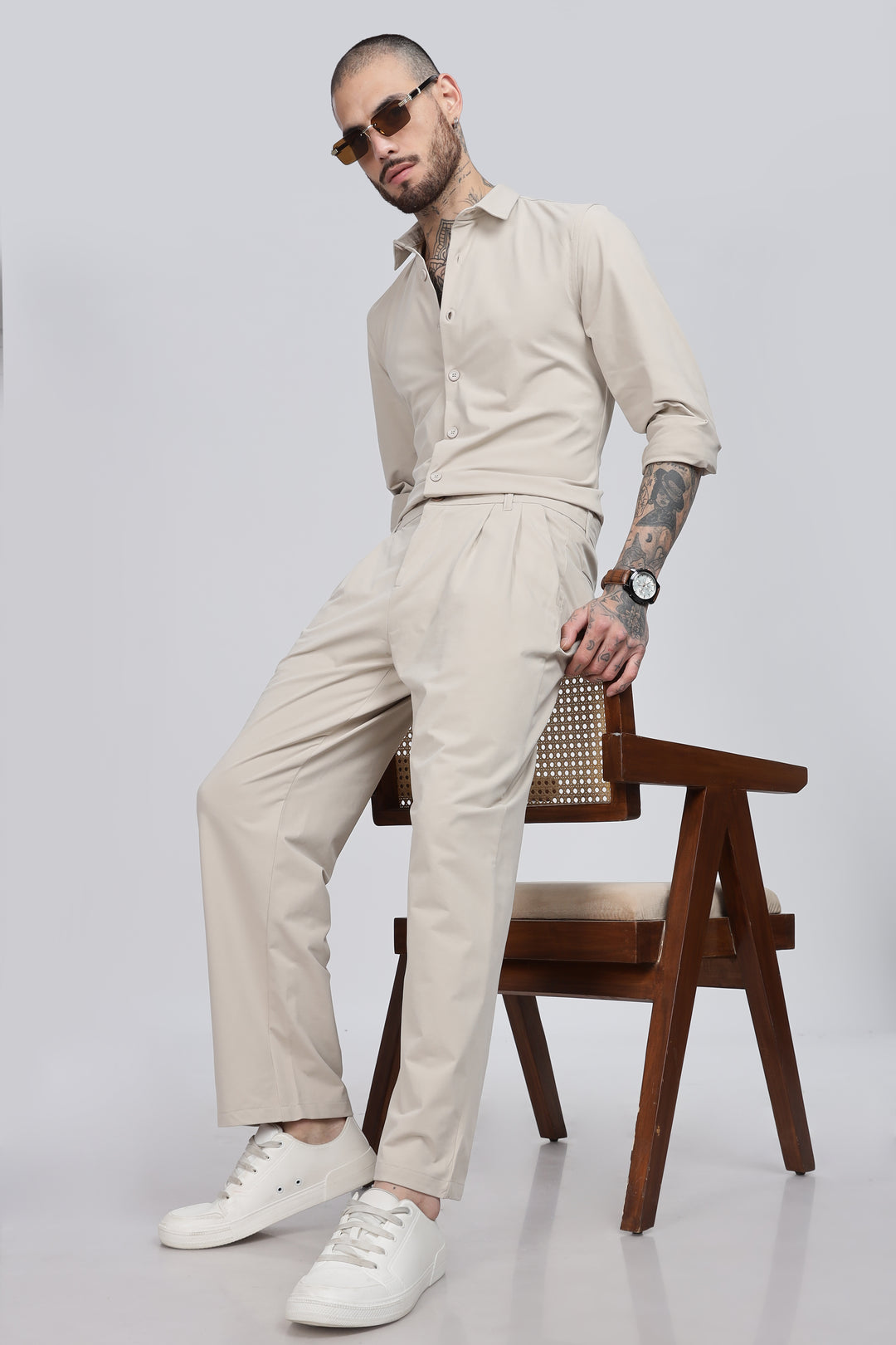 Beige Classic Pleated Trousers