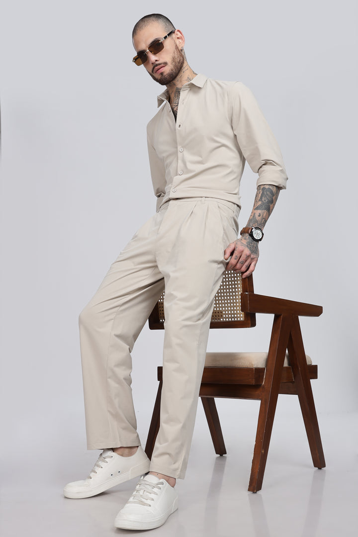 Beige Classic Pleated Trousers