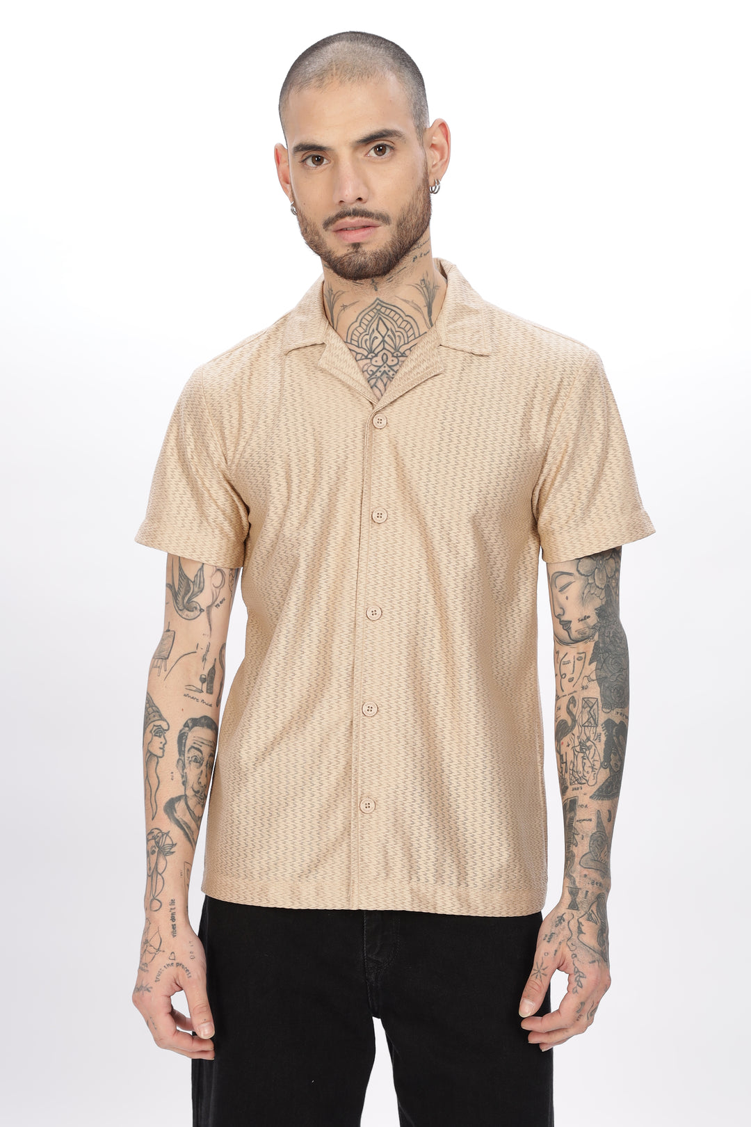 Beige Textured Short Sleeve Shirt
