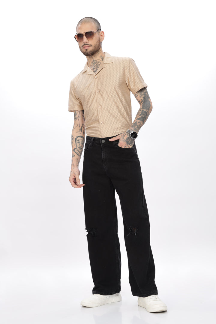 Beige Textured Short Sleeve Shirt