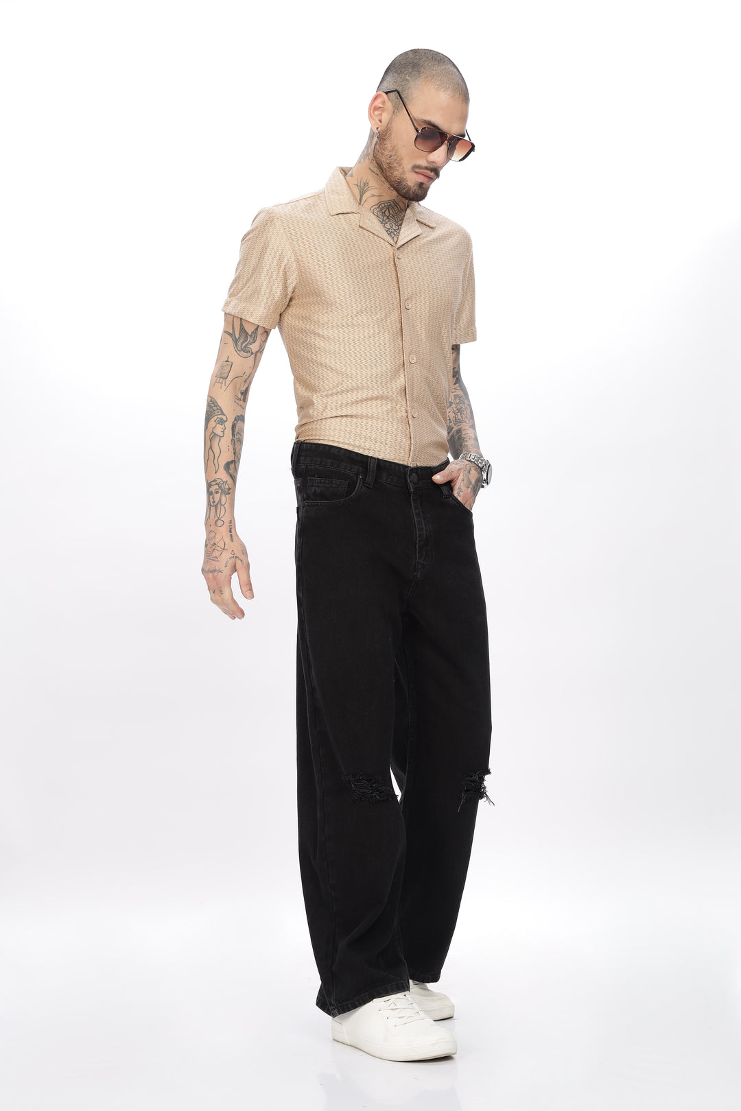 Beige Textured Short Sleeve Shirt